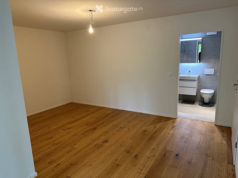 Empty room with wooden flooring and white walls, featuring a doorway leading to a modern bathroom with a sink, toilet, and mirror.