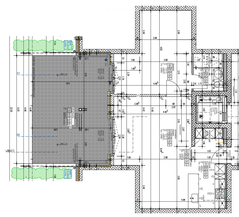 Floor plan of a building showing multiple rooms, including a kitchen, living room, bedrooms, bathrooms, and a garage. Dimensions and labels are provided for each room and structural element.