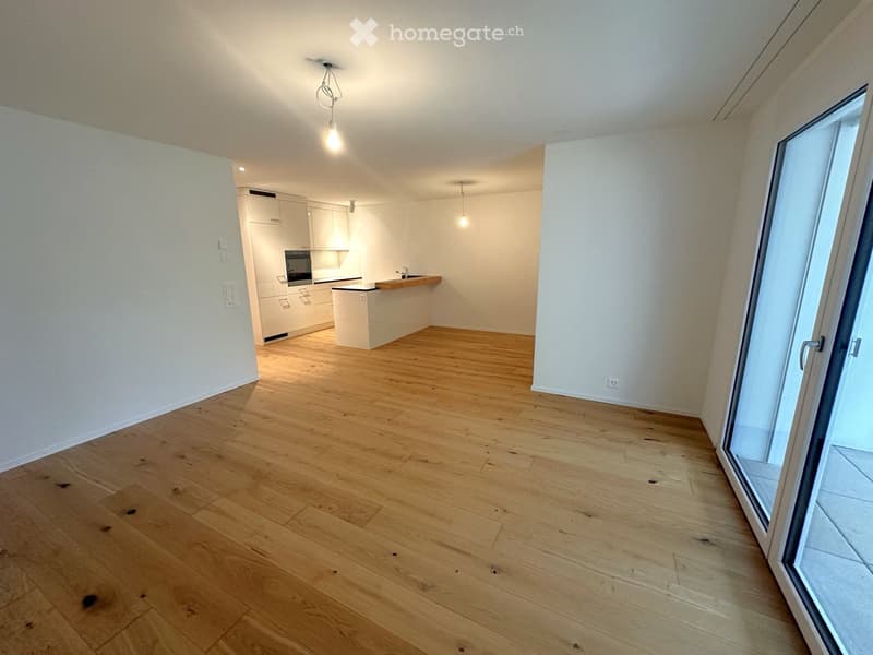 Empty room with wooden flooring, white walls, and a large sliding glass door leading to a balcony. The room features a small kitchen area with white cabinets and a countertop.