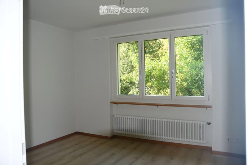 Empty room with white walls, wooden floor, large windows with white frames, radiator, and a wooden shelf above it.