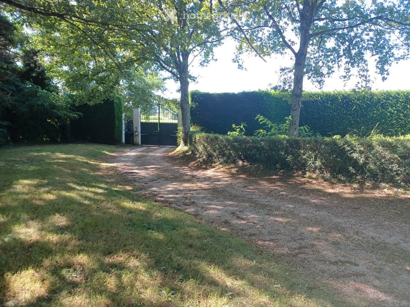 A gravel driveway leads to a gated entrance, surrounded by lush greenery and trees, with a well-maintained lawn on one side.
