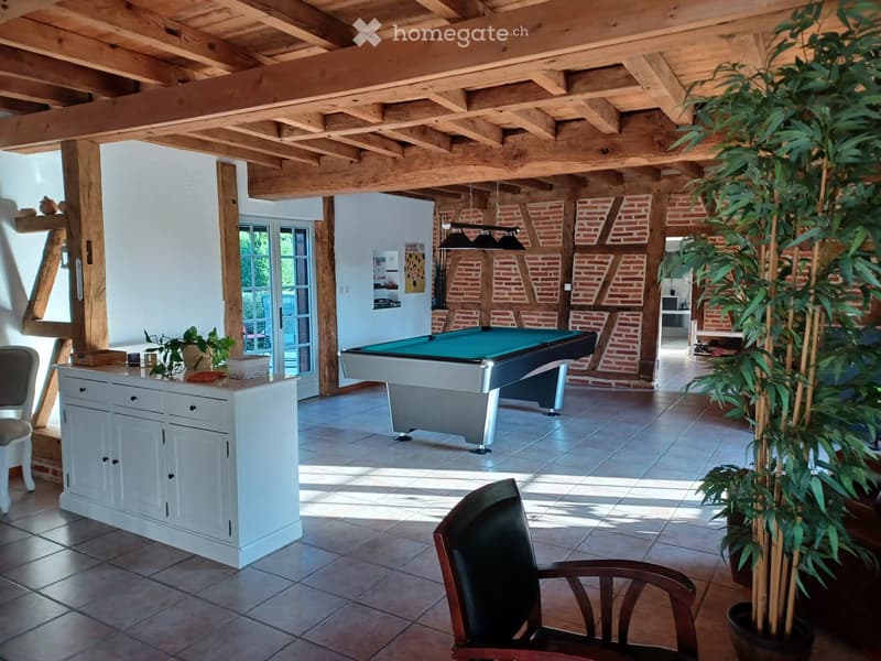 A spacious room with exposed wooden beams and a brick accent wall, featuring a pool table, a white cabinet, a chair, and potted plants.