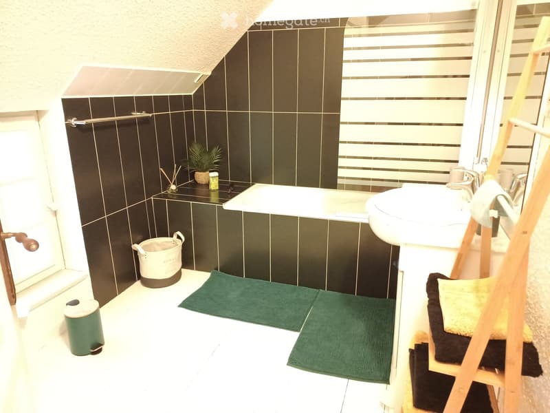 Modern bathroom with black tiled walls, white bathtub, toilet, sink, green rugs, and a small plant on the counter.
