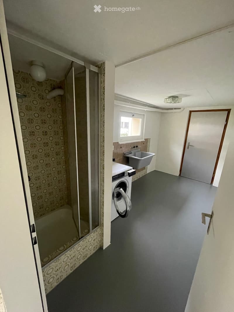 Bathroom with a washing machine, sink, and shower area with patterned tiles.