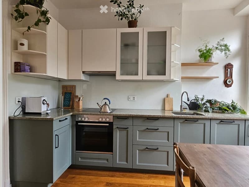 Modern kitchen with light grey cabinets, wooden countertops, and stainless steel appliances. Features include an oven, a sink with a modern faucet, a toaster, a teapot, and wooden shelves with potted plants.