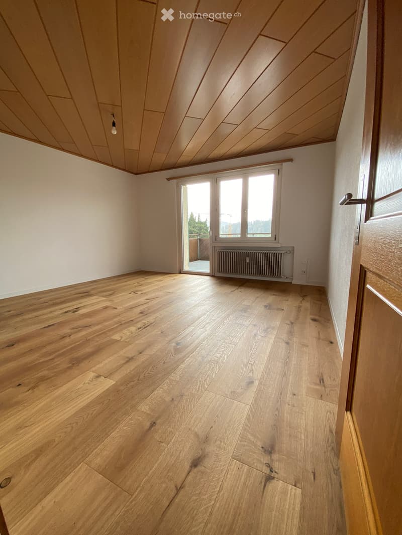 Empty room with wooden flooring, white walls, and a slanted wooden ceiling. Features a large window with a view and a radiator below it.