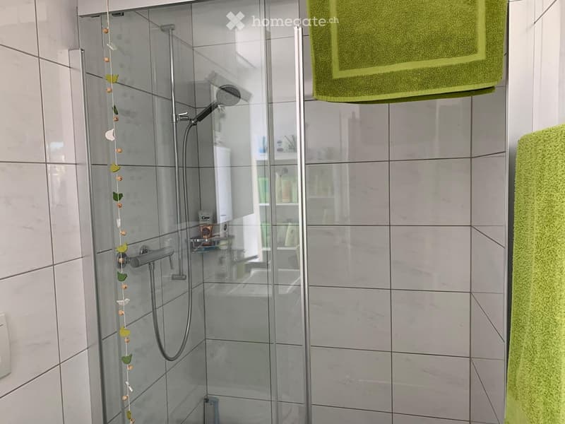 Modern bathroom with a glass-enclosed shower, tiled walls, and a green towel hanging on the side.