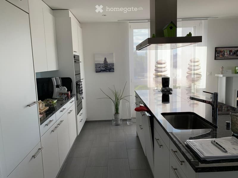 Modern kitchen with white cabinets, dark countertops, stainless steel appliances, and a large window. Features include a sink with a modern faucet, an oven, microwave, coffee maker, and a small plant on the floor.