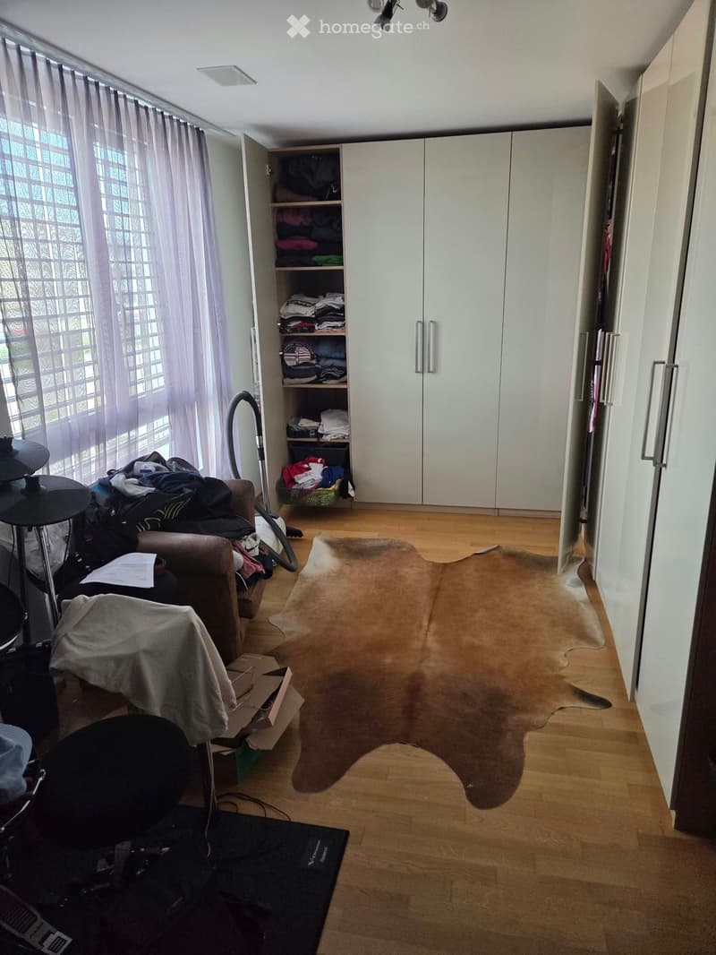 A furnished room with a sofa, a small round table, a wardrobe, a vacuum cleaner, and a large cowhide rug on the floor.