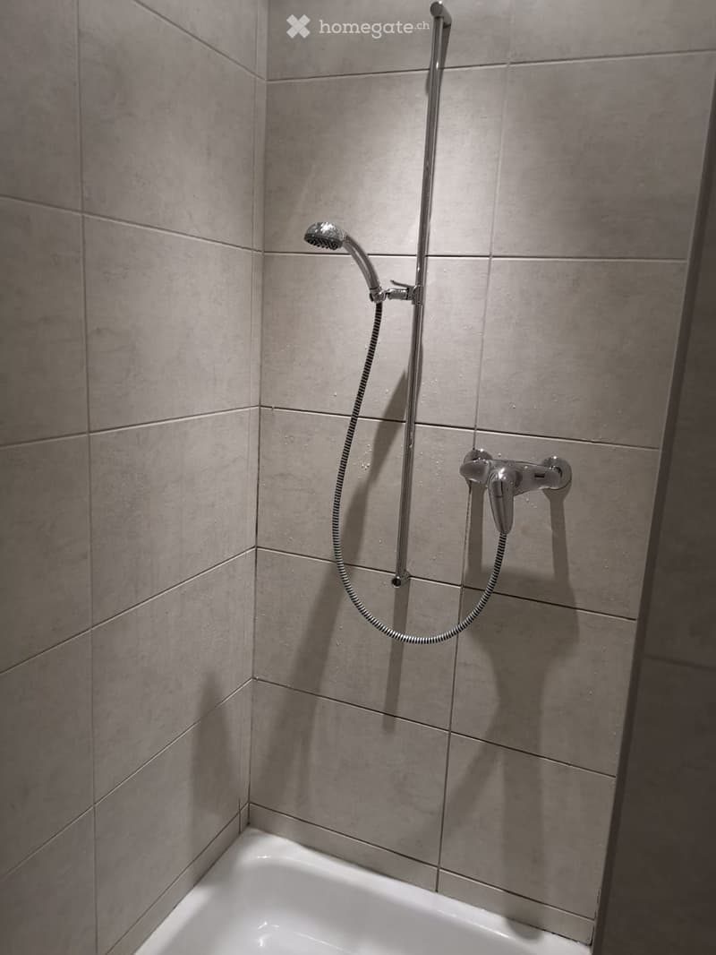 Modern bathroom corner with a bathtub, a handheld showerhead, and a faucet mounted on tiled walls.