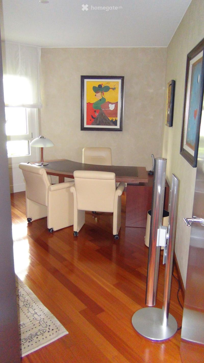 A modern, well-lit room with a wooden floor, a large table with chairs, a lamp, and a large screen. The room features a painting on the wall and a patterned rug on the floor.