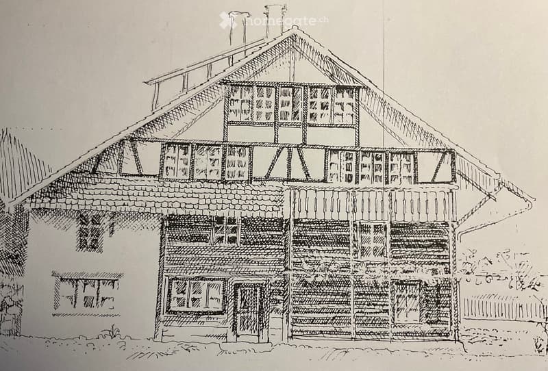 Sketch of a two-story house with a steeply pitched roof, multiple windows, and a visible chimney. The structure includes a raised ground floor and detailed architectural elements.