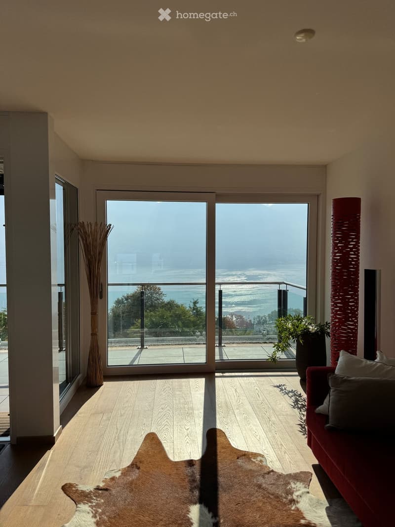 Modern living room with large windows offering a scenic view, featuring a red sofa, decorative cushions, a cowhide rug, a tall vase with plants, and a red floor lamp.