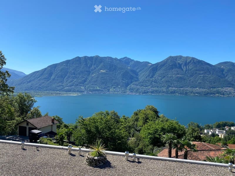 A panoramic view from a rooftop terrace overlooking a large lake and surrounding mountains, with trees and a small building visible in the foreground.