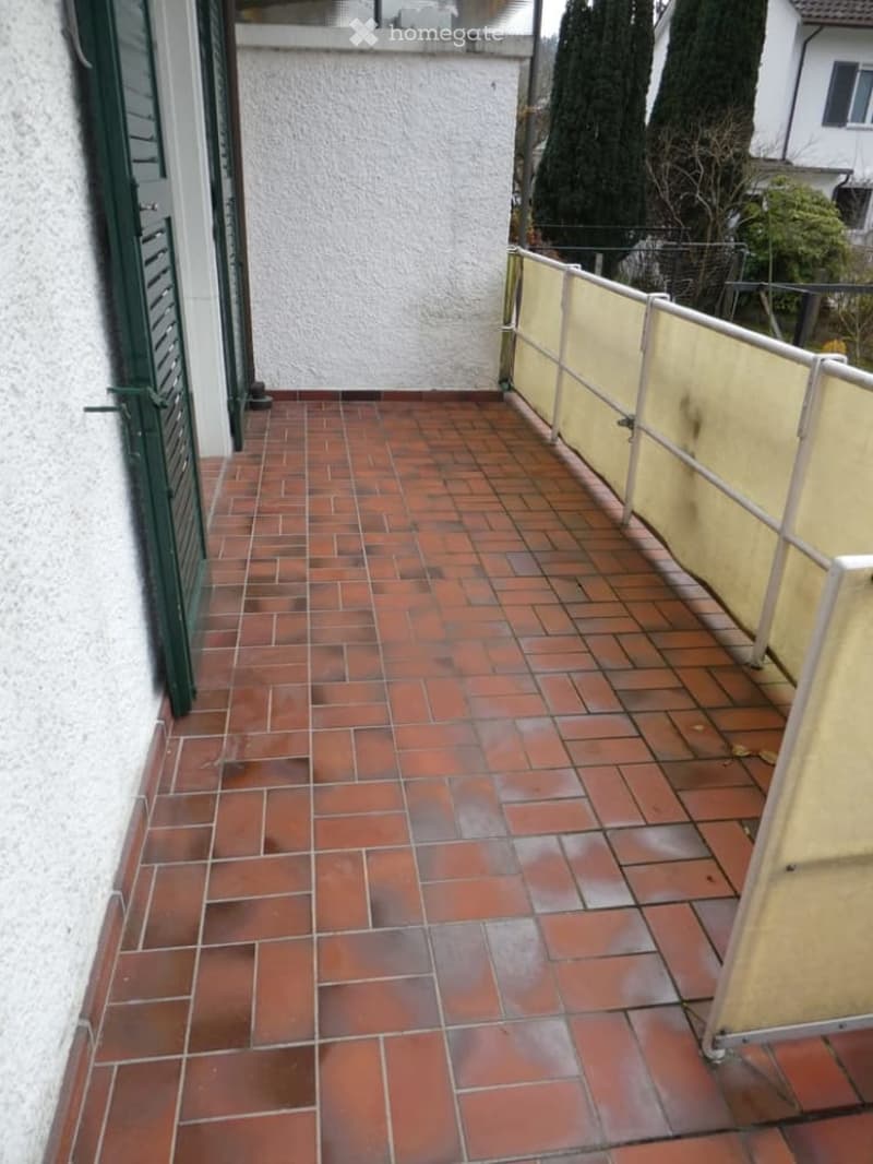 Balcony with red brick tiles, white railing, green shutters, and a view of neighboring buildings and trees.