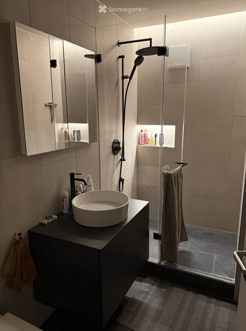 Modern bathroom with a sleek black vanity, white sink, large mirror, and a glass-enclosed shower with a modern showerhead. Beige tiles and warm lighting create a contemporary ambiance.