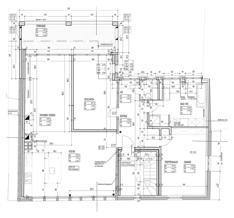 Floor plan showing a multi-room layout including a kitchen, living/dining area, bedroom, bathroom, entrance, staircase, and terrace.