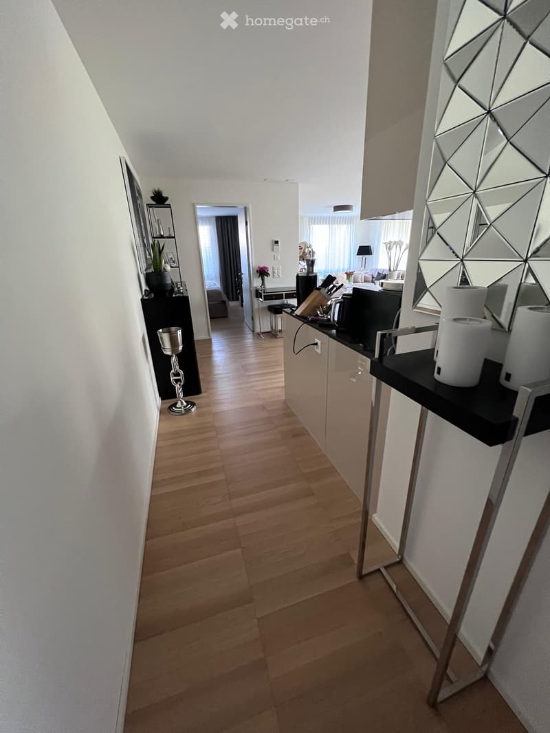 Modern hallway with light wooden flooring, white walls, and a sleek black countertop with a mirror and decorative items. The hallway leads to a living area with visible furniture and decor.