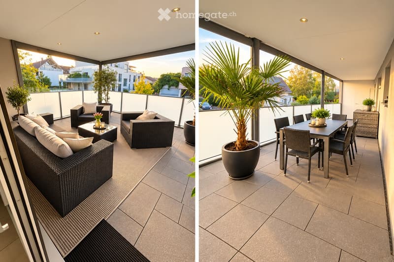 Modern balcony with large windows, tiled floor, and outdoor furniture including a sofa, table, chairs, and potted plants.