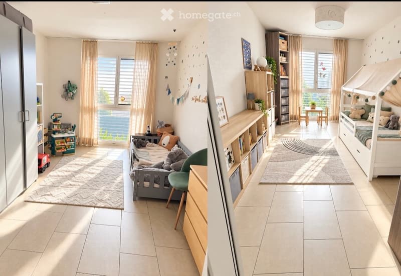 Two connected children's bedrooms with beds, chairs, tables, bookshelves, toys, curtains, lamps, picture frames, and rugs.