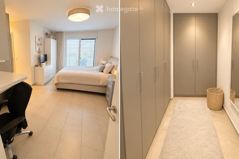 Modern bedroom with a large bed, nightstand, chair, TV screen, wardrobe, and a small basket in the corner.