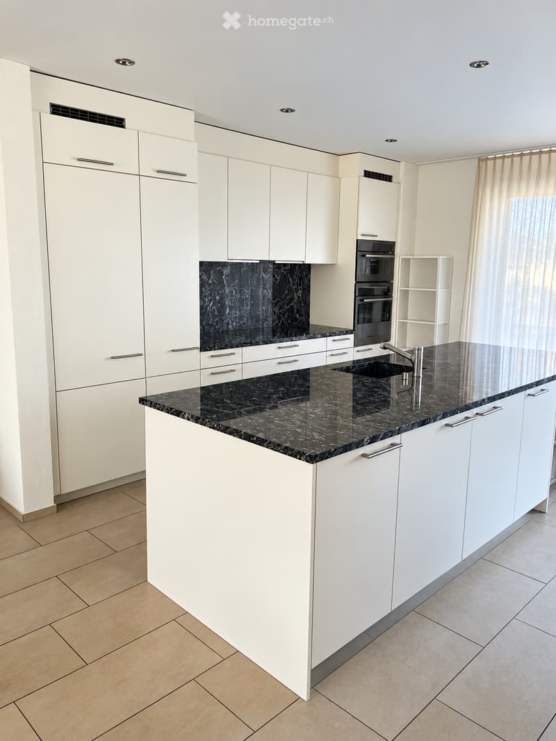 Modern kitchen with white cabinets, black marble countertop, and built-in oven.