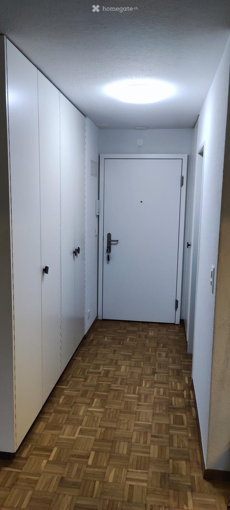 A narrow hallway with wooden herringbone flooring, white walls, and a closed white door at the end. The ceiling features a round skylight and recessed lighting.