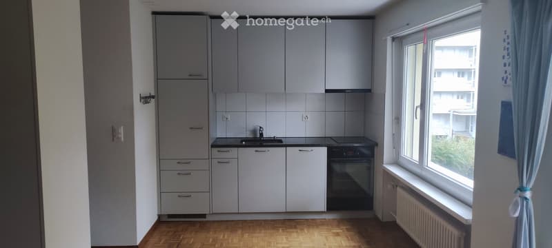 Modern kitchen with grey cabinets, a sink, a faucet, and an oven. The room features wooden flooring and a window with a blue curtain.