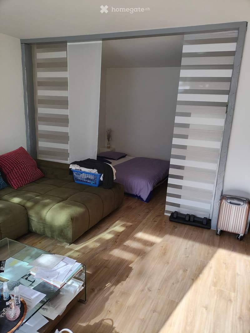 A compact, well-lit room with a sofa, coffee table, bed, exercise bike, and a suitcase near the window. The room features wooden flooring and modern decor.