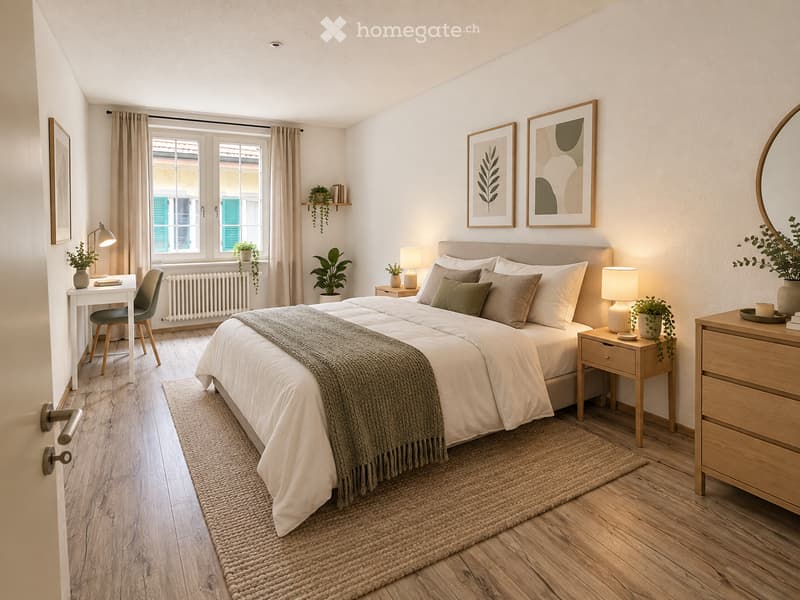 Cozy bedroom with a large bed, nightstands, lamps, a desk, chair, and decorative plants. The room features wooden flooring, a woven rug, and framed artwork on the walls.