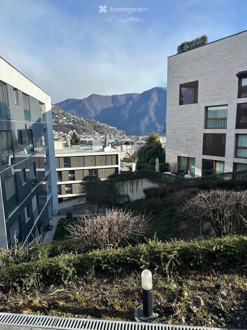 Garden area with shrubs and a modern building in the background, overlooking a scenic cityscape and mountains.
