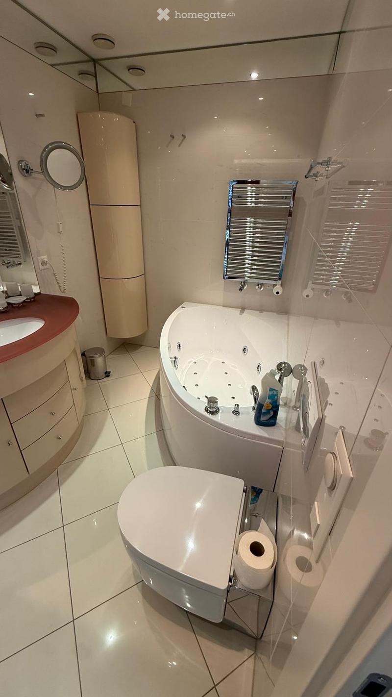 Modern bathroom with a large bathtub, toilet, sink, and mirrored cabinets. Features include a built-in shower, towel racks, and a sleek design with white tiles and a red countertop.