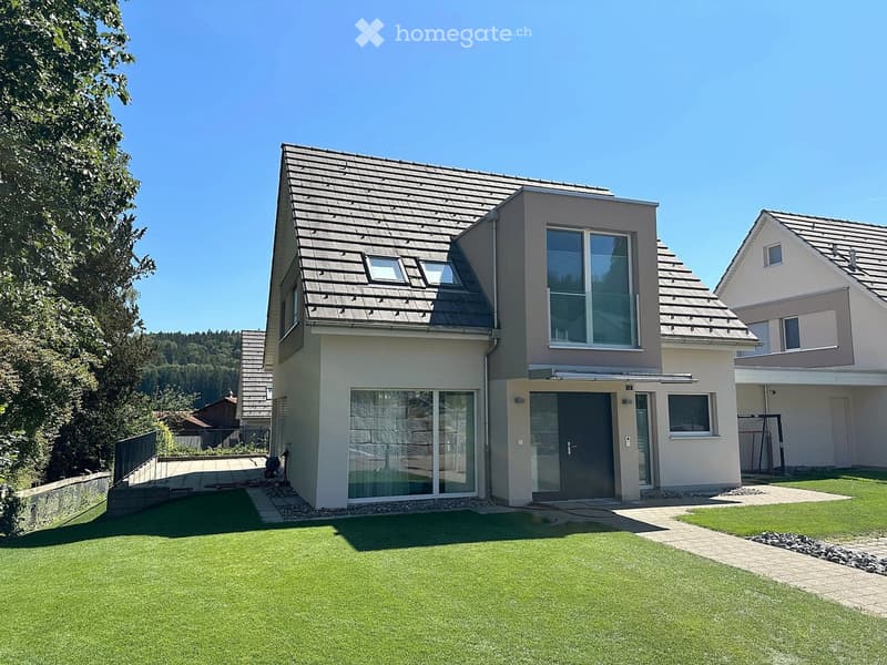 Modern two-story house with a gray roof, large windows, and a well-maintained lawn in front.