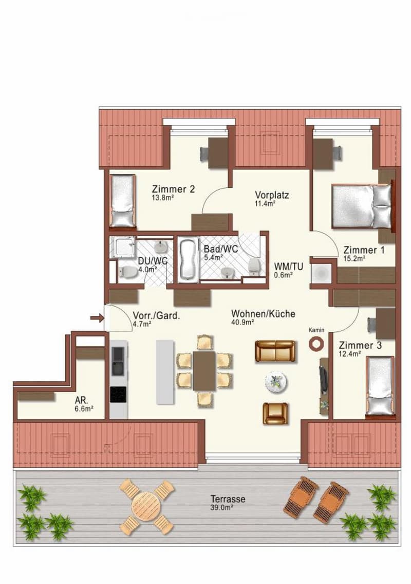 Floor plan of a 3-bedroom apartment with living room, kitchen, bathrooms, and a terrace.