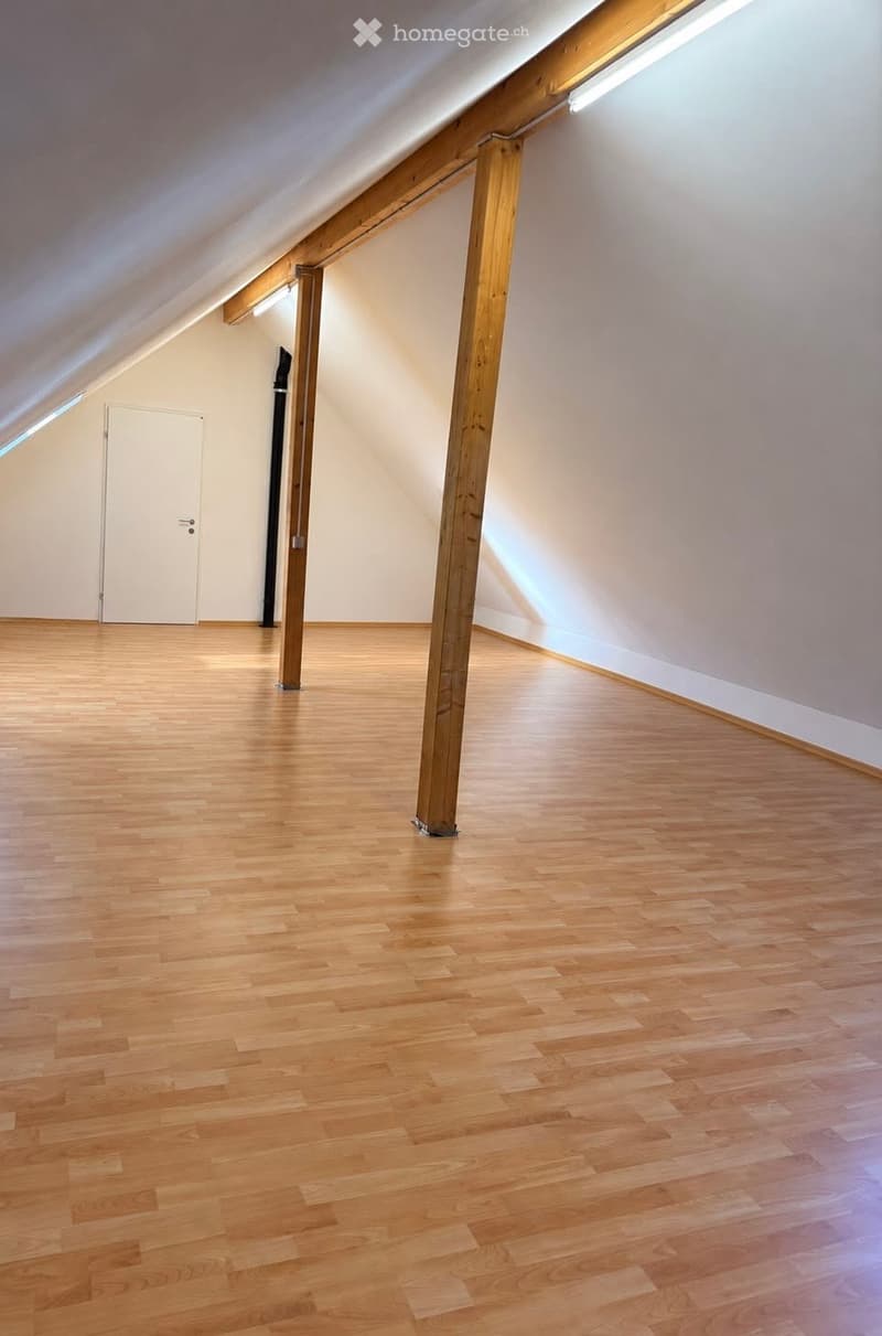 Empty attic space with wooden flooring, white walls, exposed wooden beams, and a single white door.