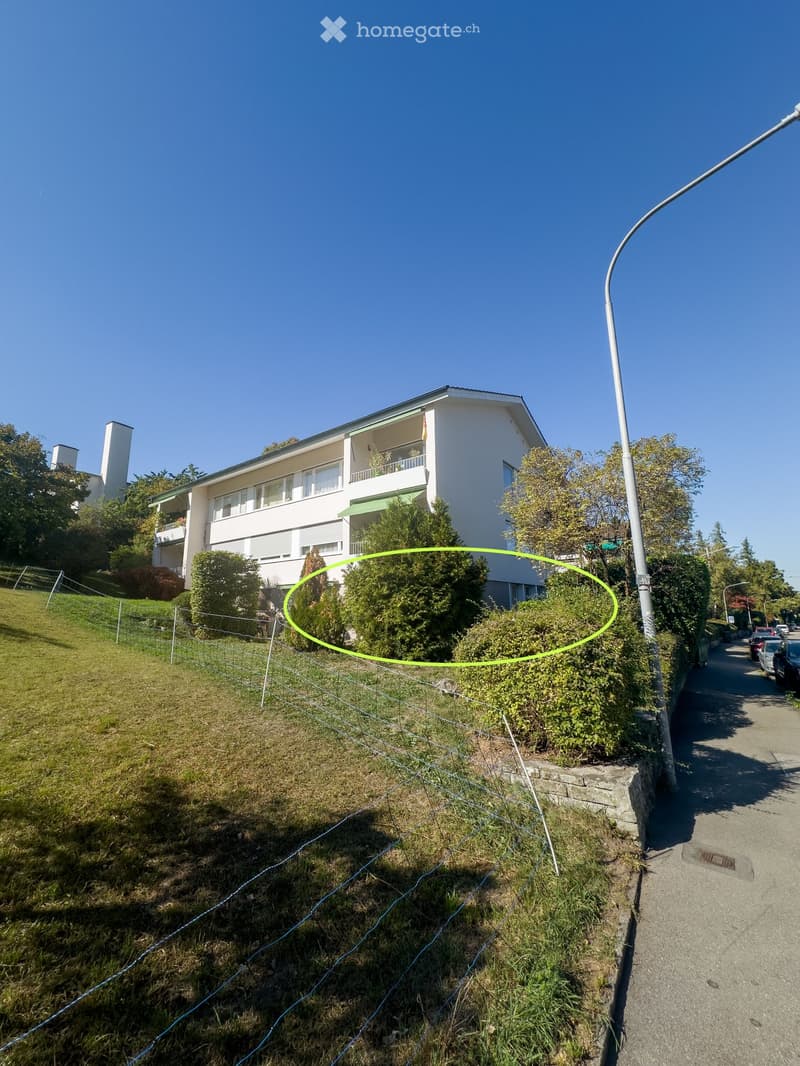 A two-story white building with multiple windows and balconies, surrounded by greenery and a fence. The building is situated on a raised ground floor with a grassy slope leading up to it.