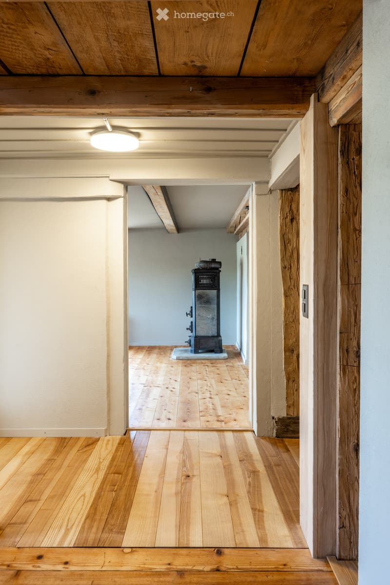 A long wooden hallway with exposed wooden beams and a single round light fixture on the ceiling. The hallway leads to a room with a fireplace and wooden flooring.