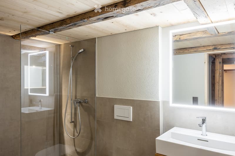 Modern bathroom with a glass-enclosed shower, two sinks, and exposed wooden beams on the ceiling.