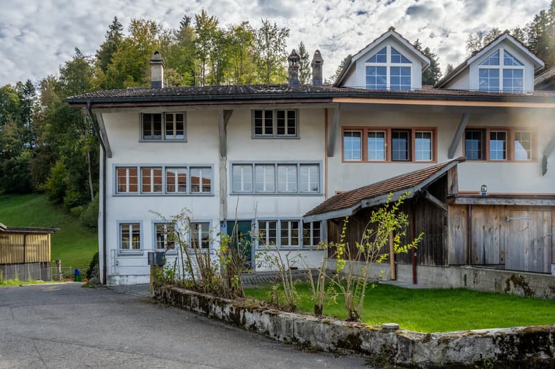 A two-story white house with multiple windows, a chimney, and a wooden garage. The house is surrounded by greenery and has a well-maintained lawn.