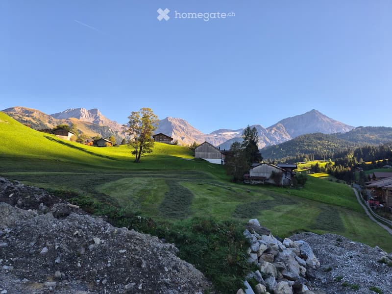 A scenic mountain valley with green hills, scattered wooden houses, and a clear blue sky. The foreground shows a rocky terrain, while the background features snow-capped mountains and a lone tree.