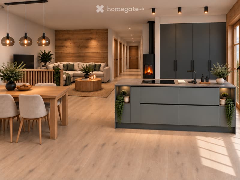 Open-plan living and dining area with a modern kitchen. Features a grey sofa, coffee table, fireplace, kitchen island, dining table with chairs, pendant lights, and various decorative items including vases, bowls, books, candles, and potted plants.