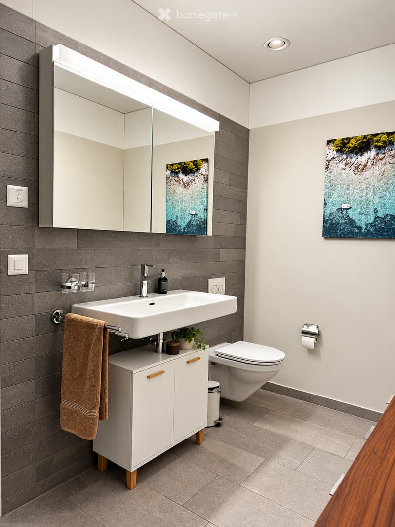 Modern bathroom with a white sink, chrome faucet, large mirror with built-in lighting, white cabinet with wooden handles, brown towel, toilet, and decorative artwork on the walls.