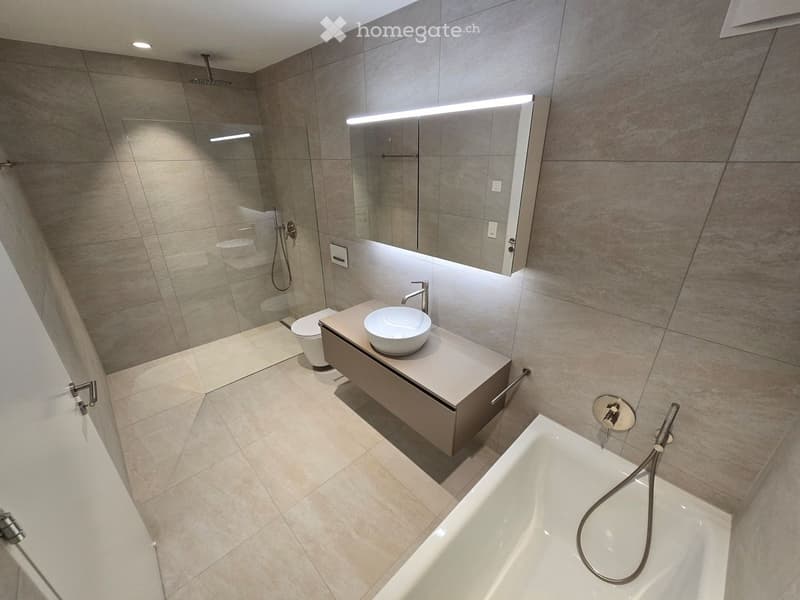 Modern bathroom with a sleek sink, mirror, toilet, bathtub, and glass-enclosed shower area.
