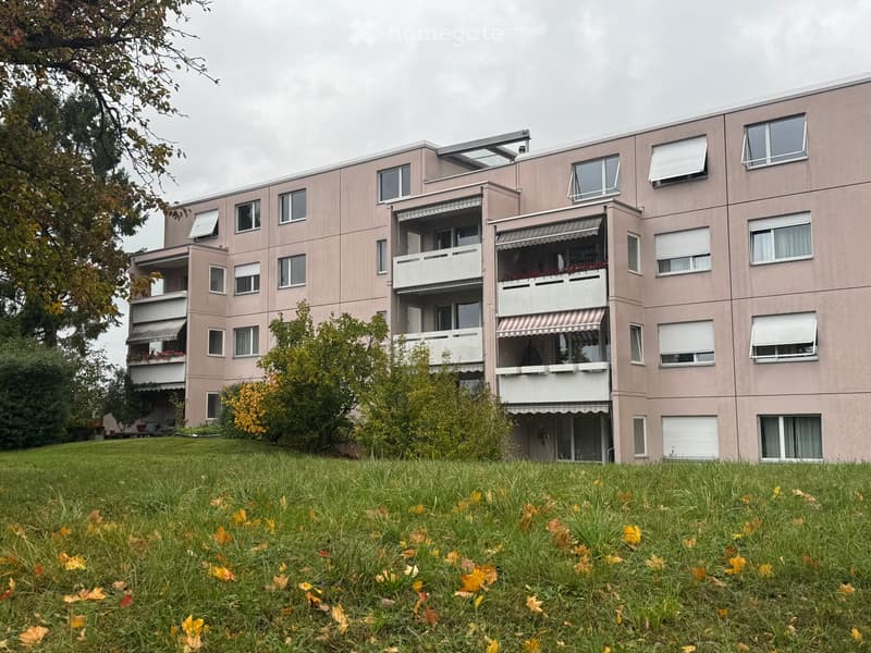 Multi-story residential building with balconies, windows, and a well-maintained lawn in front.