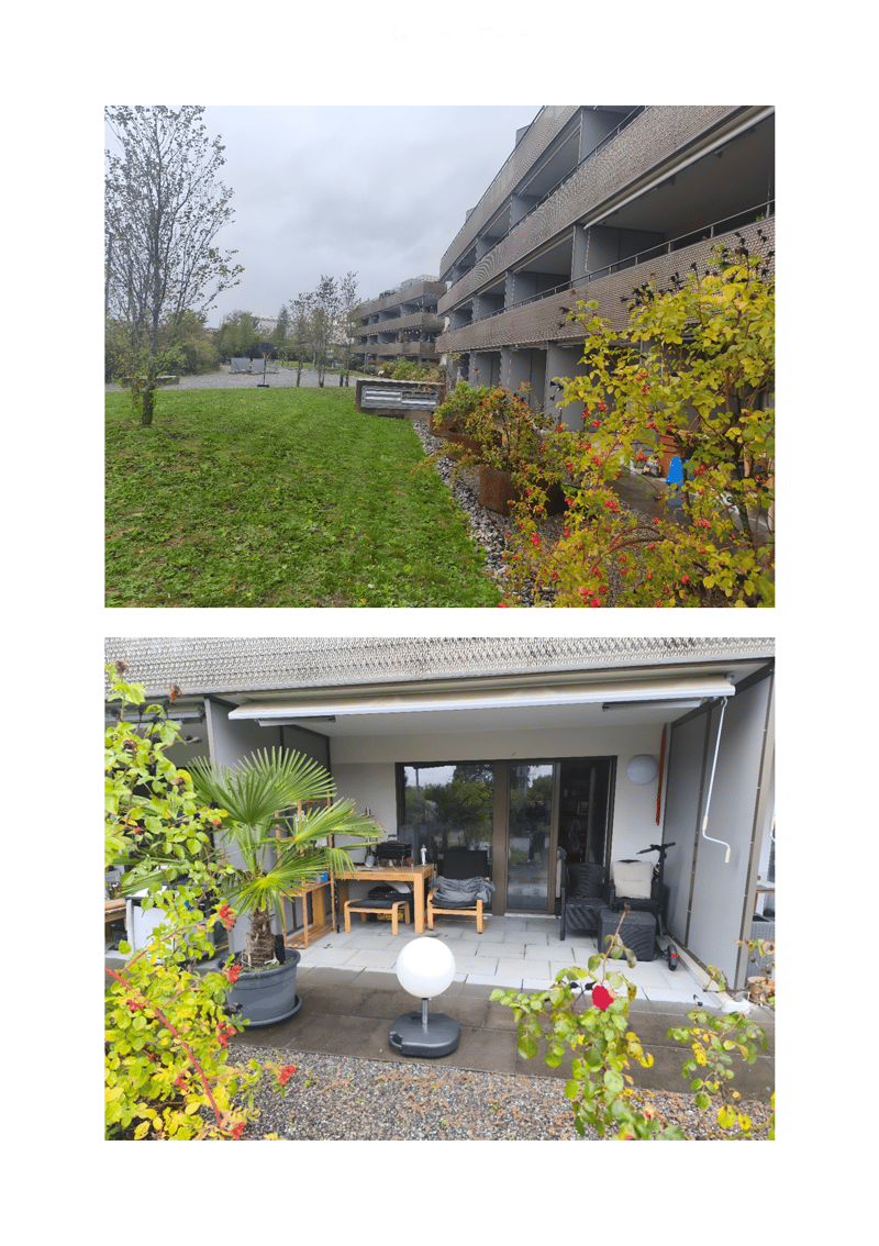 The image shows a well-maintained garden area with a grassy lawn, potted plants, and a modern building in the background. The lower image depicts a furnished outdoor patio with a table, chairs, and a spherical lamp.