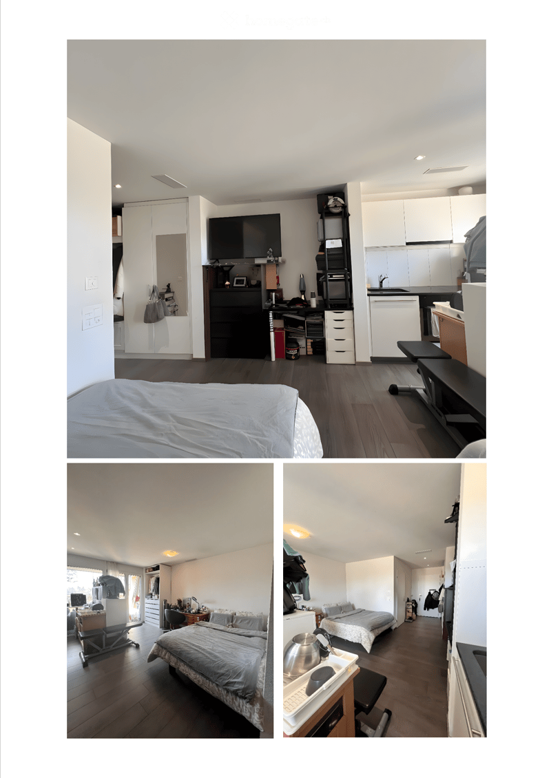 The image shows a modern, well-furnished room with a bed, kitchen area, and a workspace. The room features wooden flooring, white walls, and contemporary furniture including a bed, kitchen cabinets, a television, a desk, and a chair. The kitchen area incl