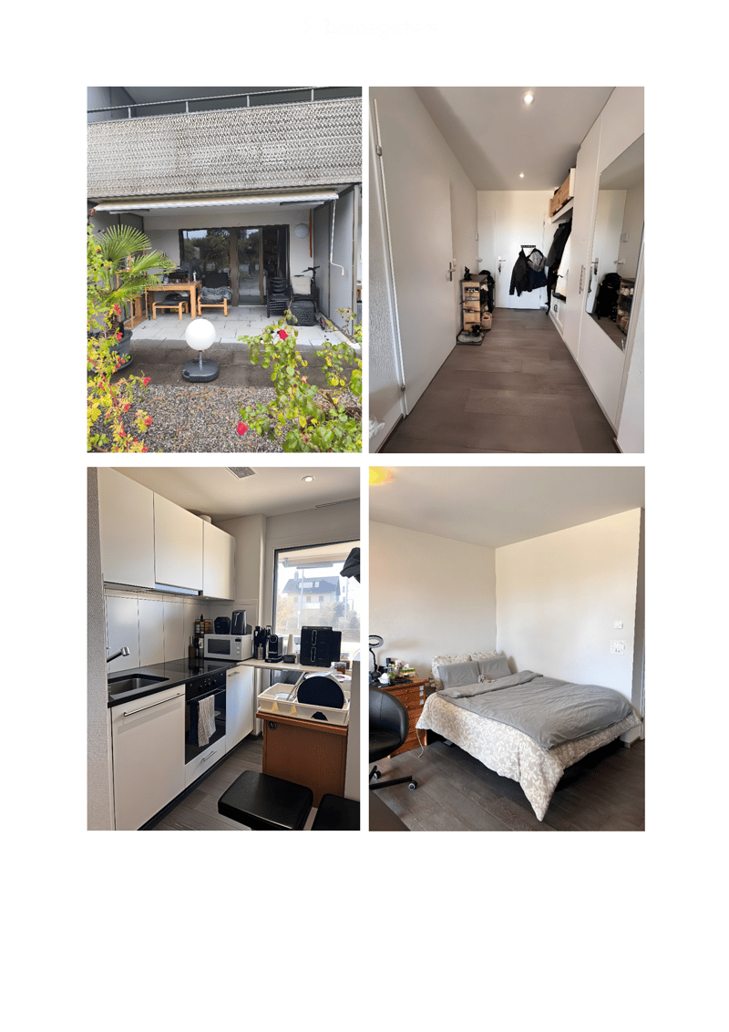Four images showing a modern house with a balcony, hallway, kitchen, and bedroom. The kitchen features white cabinets, stainless steel appliances, and a black countertop. The bedroom has a large bed with grey bedding and a wooden floor.