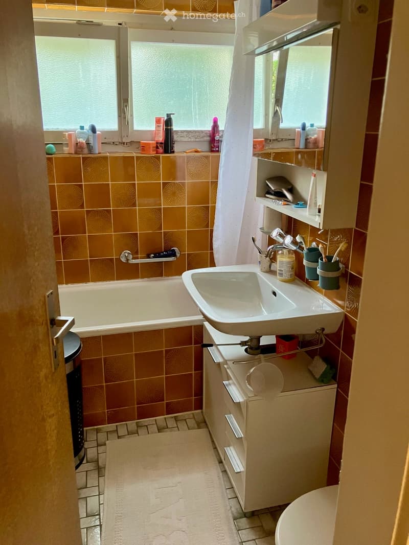 Bathroom with a bathtub, sink, mirror, and various toiletries. The walls are tiled in a warm orange pattern, and the floor is tiled in a light color. A shower curtain is partially visible, and a toilet is in the corner.