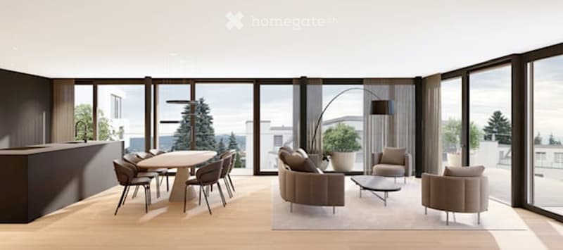 Modern, open-concept living and dining area with large windows offering a scenic view. Features a curved sofa, coffee table, dining table with chairs, and a floor lamp.