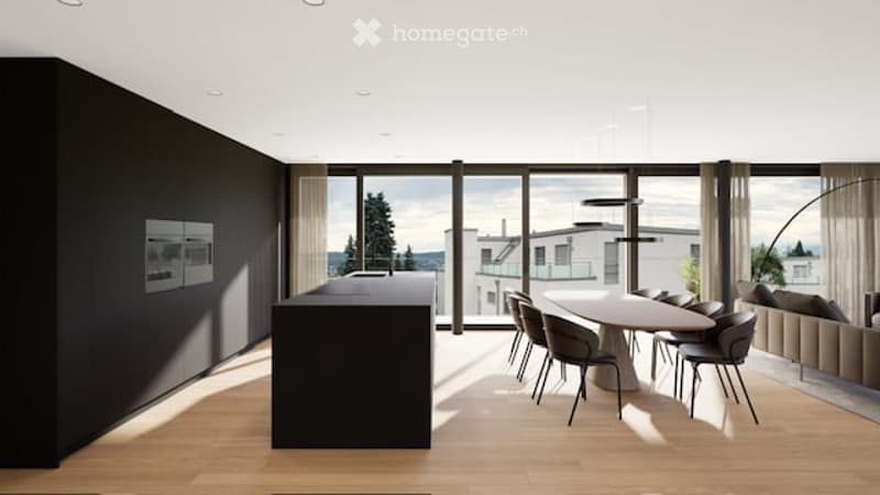 Modern open-plan living and dining area with large windows offering a scenic view, featuring a sleek kitchen island, a dining table with chairs, and a comfortable sofa.